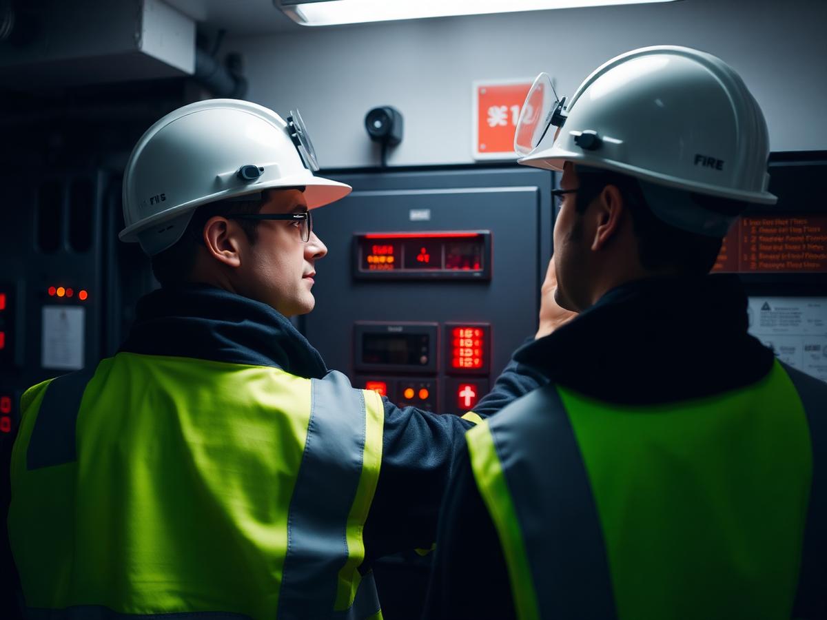 Engineers inspecting a fire alarm control panel