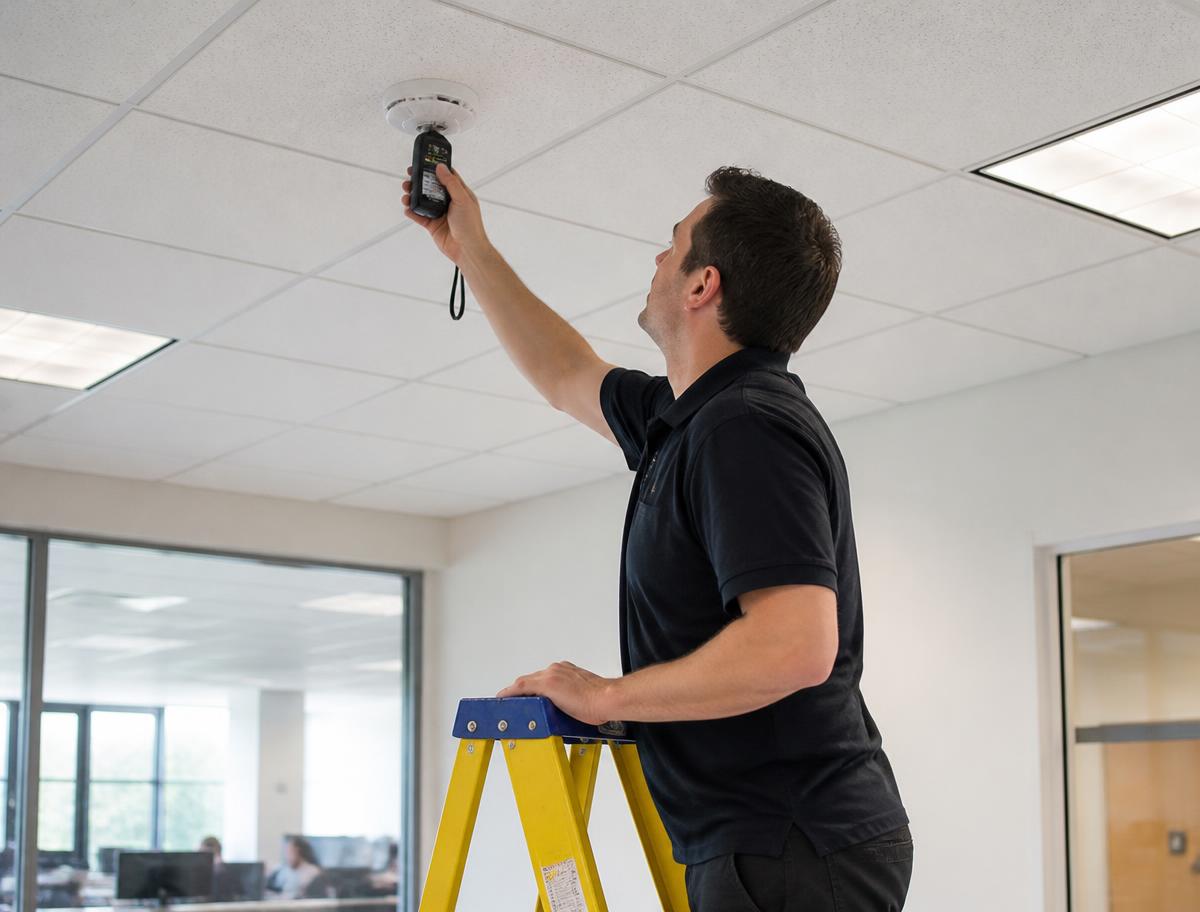 Technician testing a ceiling smoke detector inside an office