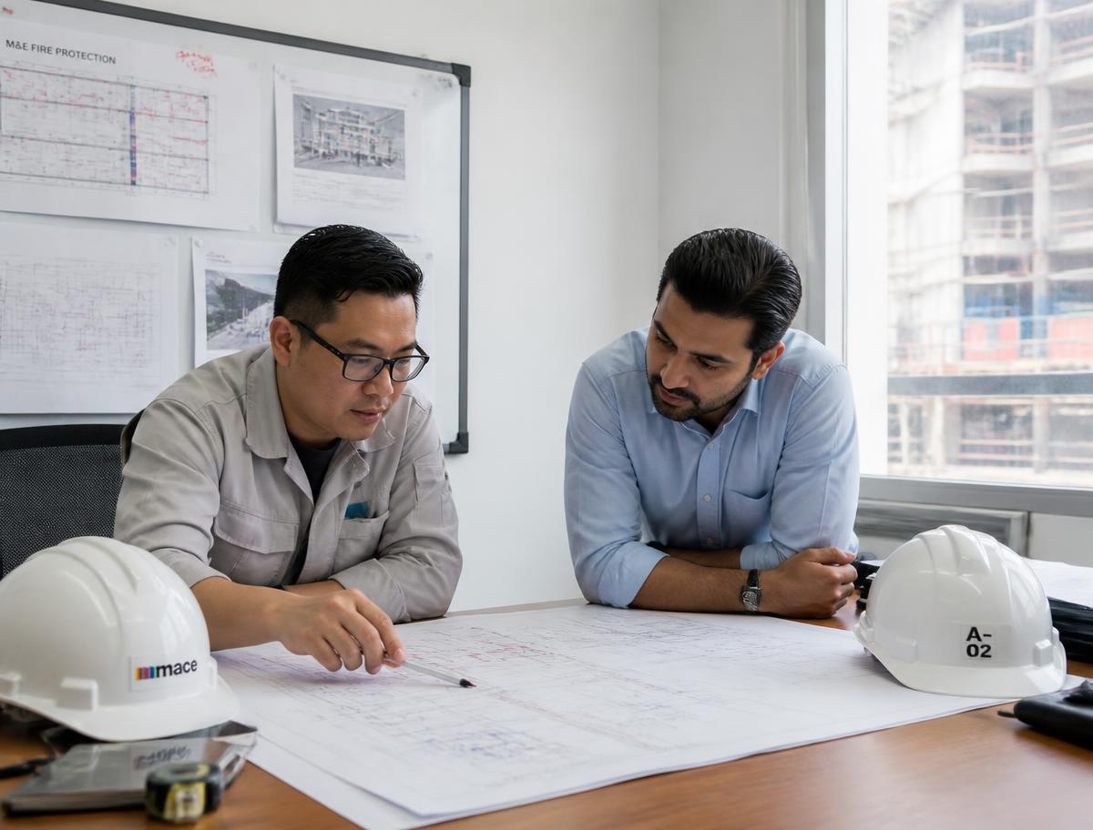 Engineers reviewing M&E fire protection drawings on site
